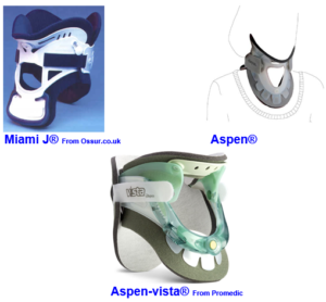 Photos of different types of cervical collar including Miami J, Aspen and Aspen-Vista