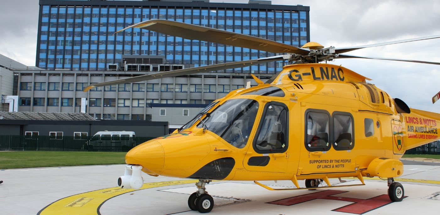 Helicopter on helipad in front of Hull Royal Infirmary