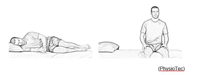 First image showing position of person lying on their side in bed. Second image showing position of person sitting on the edge of the bed.