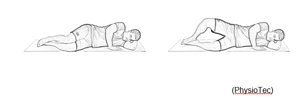 First image person lying on their side with both legs slightly bent. Second image, person lying on their side lifting their top leg, keeping hips stable and leg slightly bent and heels together.