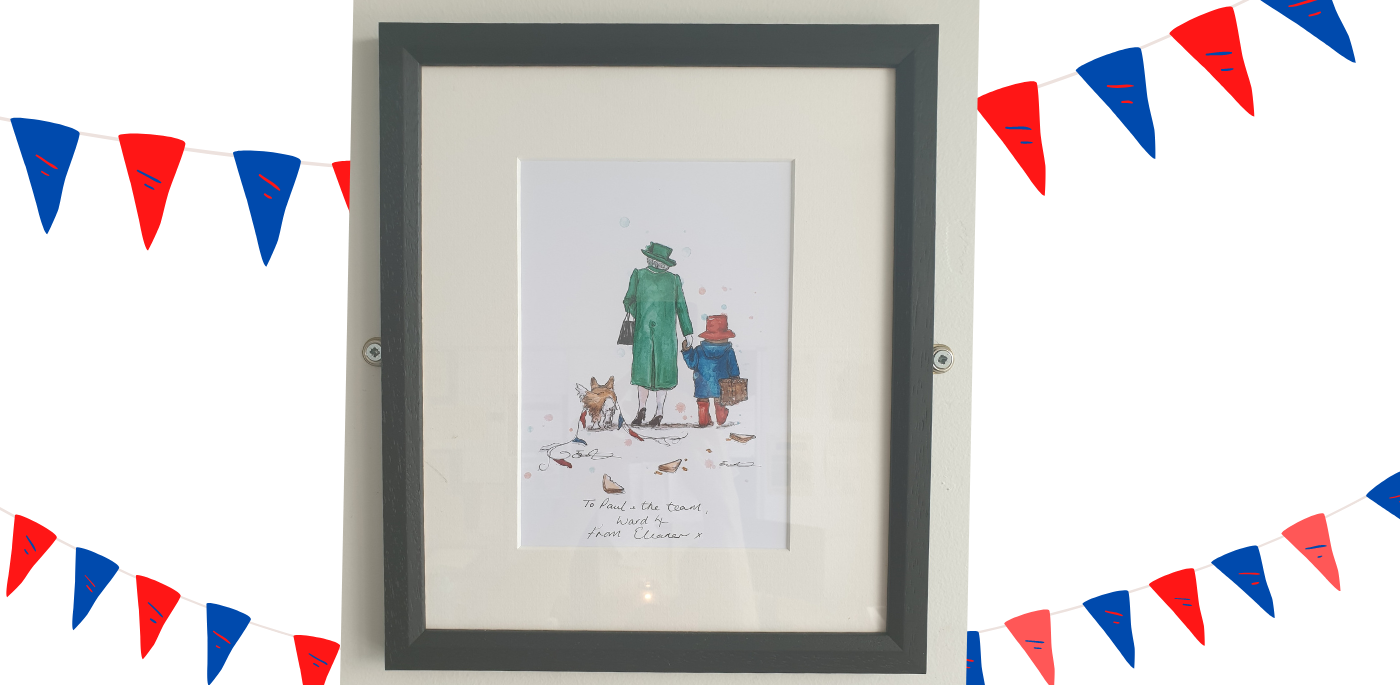 Painting featuring The Queen, Paddington Bear and a corgi walking away after jubilee celebrations