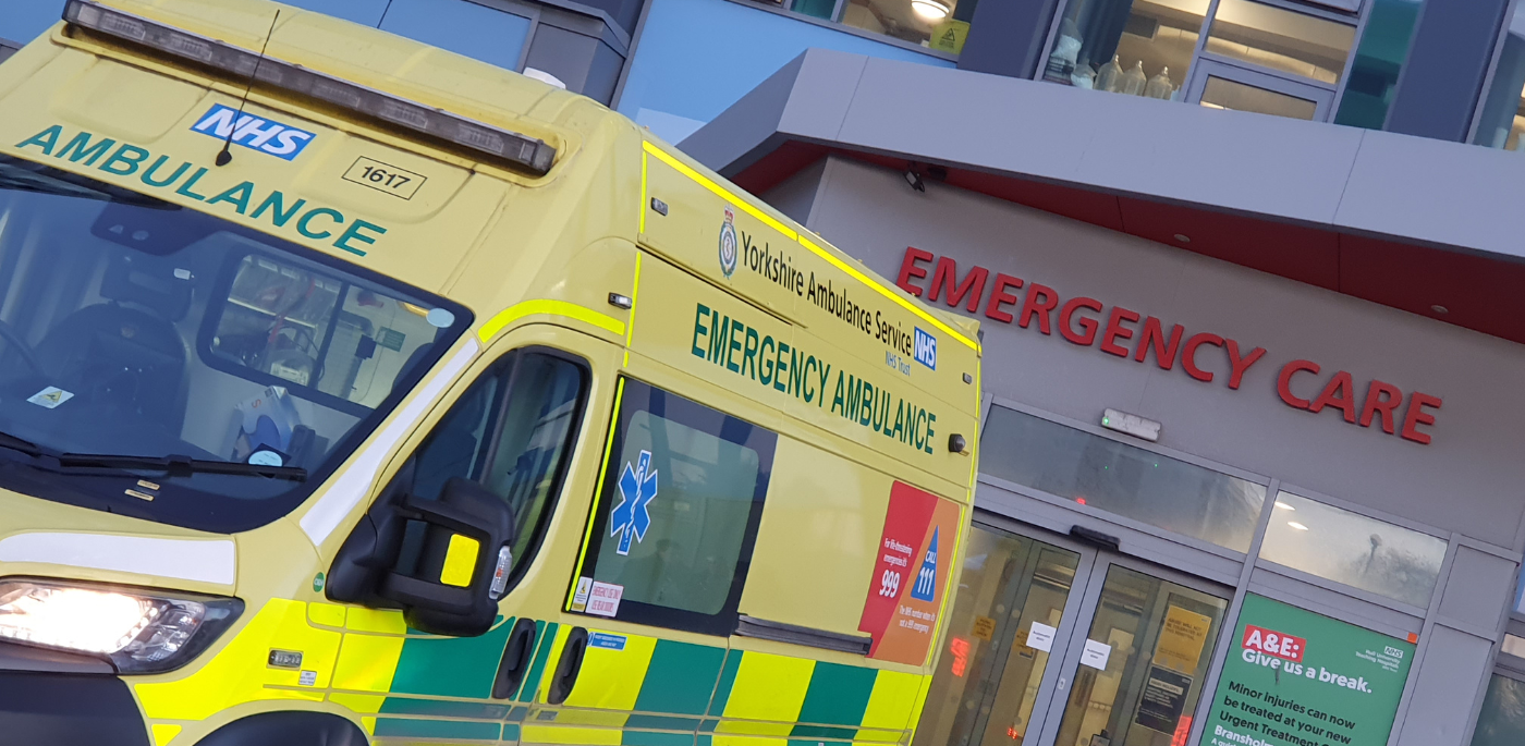 Ambulance outside the entrance to the Emergency Department at Hull Royal Infirmary