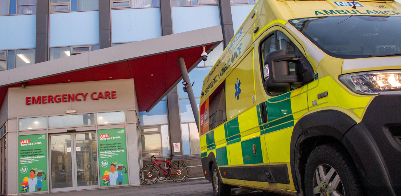 Ambulance parked outside the entrance to Hull Royal Infirmary's Emergency Care Department
