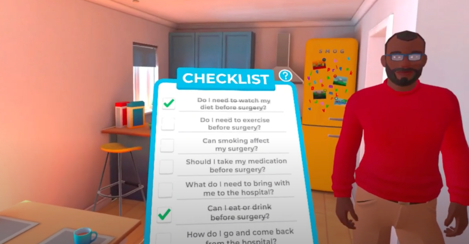 Computer generated image of patient with checklist