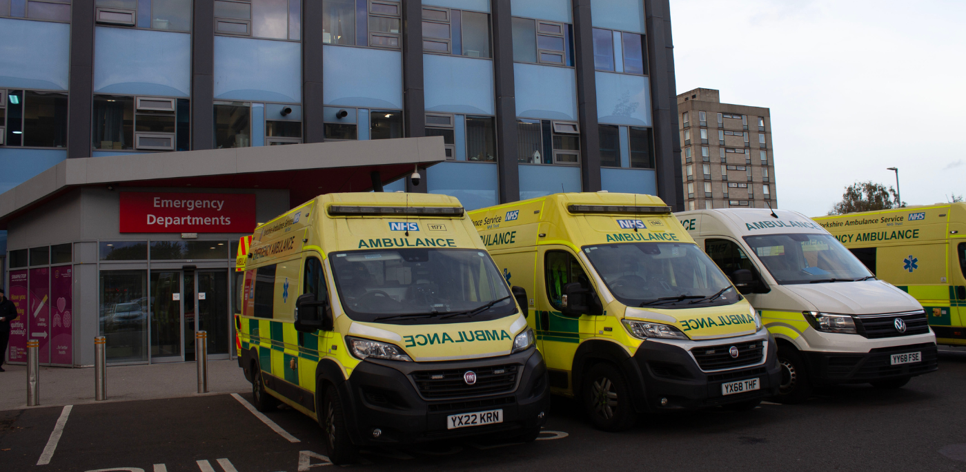 Four ambulances parked outside the entrance to Hull Royal Infirmary's emergency department