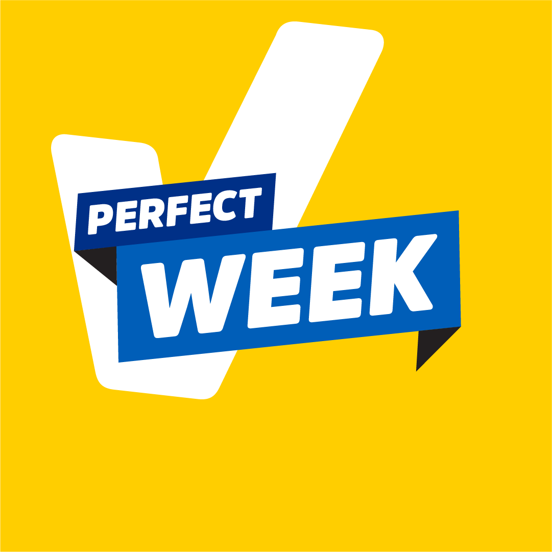 Perfect Week logo, a yellow background and a white giant tick with "Perfect Week" overlaid with white text on a blue background